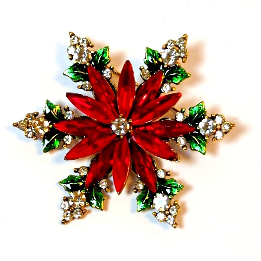 Vintage Christmas Poinsettia Brooch | Red Green Rhinestone & Holly Holiday Pin